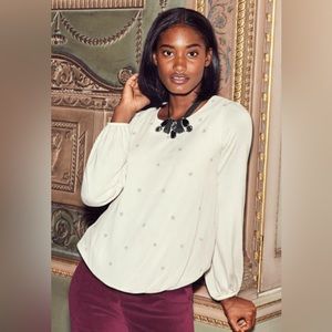 Boden White Tori Silver Embroidered Metallic Star Long Sleeve Top size 6 NWT